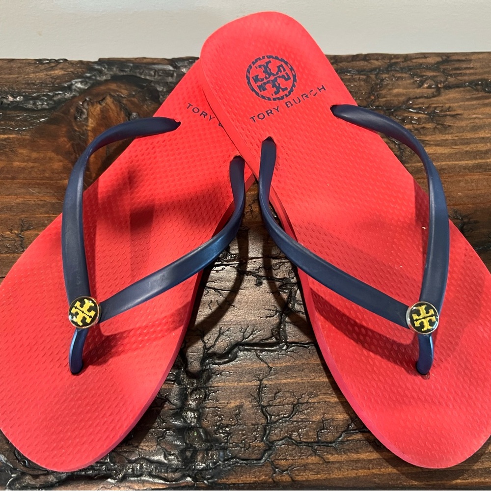Tory Burch Red and Navy Flip Flops